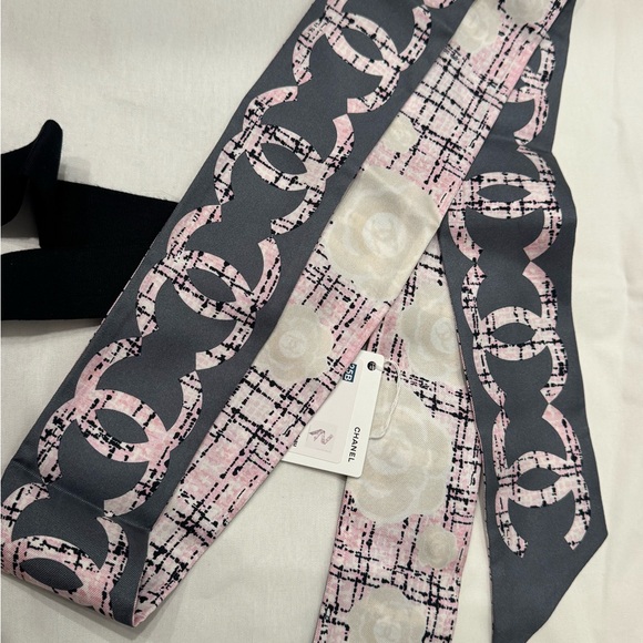 CHANEL Accessories - Chanel 2025B Fall Gray Pink Twilly Scarf Camellia Logo NWT Rare + Pouch